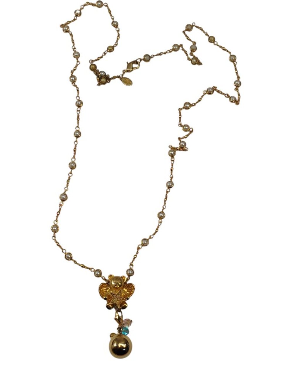 KIRKS FOLLY Rhinestone Faux Pearl Winged Teddy Bear Charms Necklace Gold tone